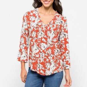 fun2fun Marley Pleated Floral Top Size Medium new without tags, orange and white